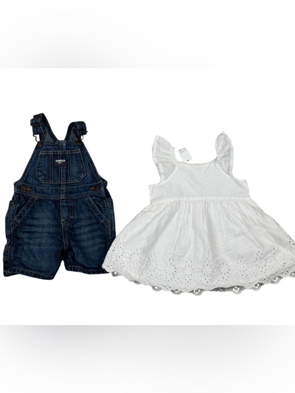Baby GAP White Eyelet Sun Dress & OshKosh B’Gosh Denim Blue Jean Overalls 12-18
